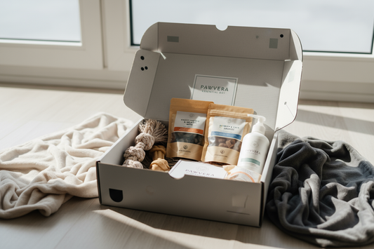 A practical and stylish dog subscription box named 'Pawvera Essential Box'. The box is simple, light gray with black and white accents, minimal branding. Inside are 2 essential dog toys, 2 bags of healthy treats, and basic dog care items like shampoo or snacks. The box is open, products neatly arranged, photographed in a bright, clean, and cozy environment. Realistic, high-resolution photography style, appealing for social media and e-commerce.