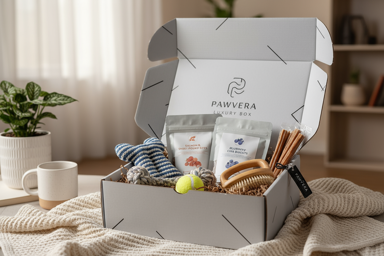A stylish dog subscription box named 'Pawvera Luxury Box'. The box is light gray with subtle black and white details, featuring the brand's minimalistic logo. Inside are 2 fun dog toys, 2 bags of healthy treats, and small accessories like chew snacks or a dog brush. The box is open, products neatly displayed, set on a cozy, modern background with soft lighting. High-resolution, realistic photography style, perfect for marketing and social media.