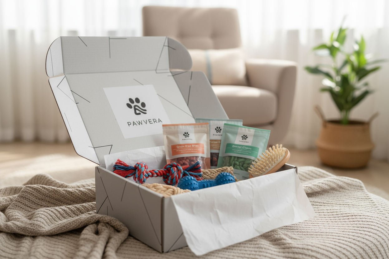 A stylish dog subscription box named 'Pawvera Signature Box'. The box is light gray with subtle black and white details, featuring the brand's minimalistic logo. Inside are 2 fun dog toys, 2 bags of healthy treats, and small accessories like chew snacks or a dog brush. The box is open, products neatly displayed, set on a cozy, modern background with soft lighting. High-resolution, realistic photography style, perfect for marketing and social media.